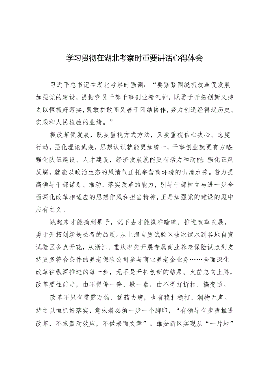 4篇 学习贯彻2024年在湖北考察时重要讲话心得体会.docx_第1页