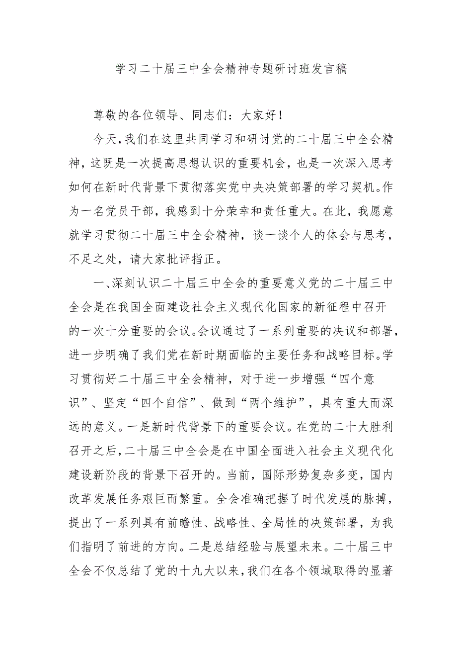 2024年开展《学习二十三中全会精神》专题研讨班发言稿（4份）49.docx_第1页