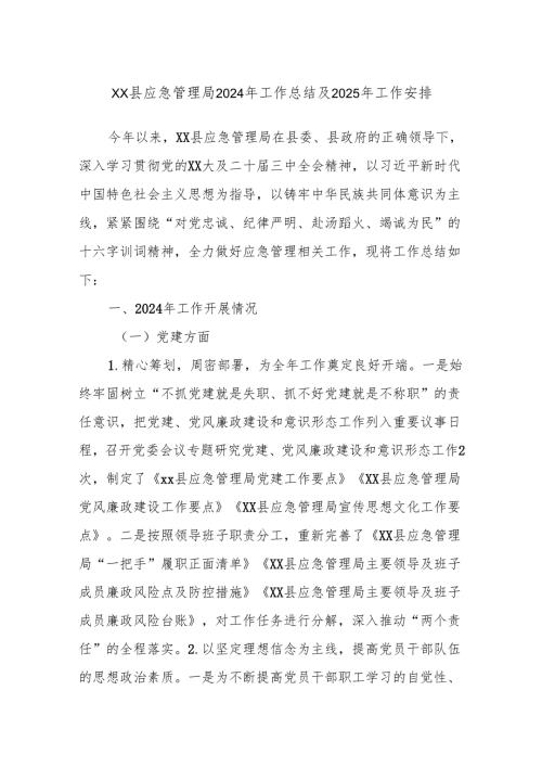 XX县应急管理局2024年工作总结及2025年工作安排.docx