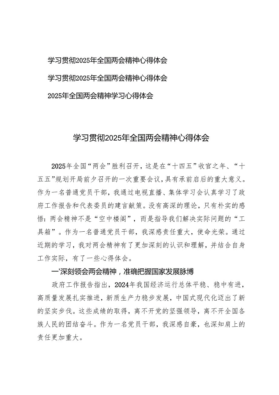 3篇 学习贯彻2025年全国两会精神心得体会.docx_第1页