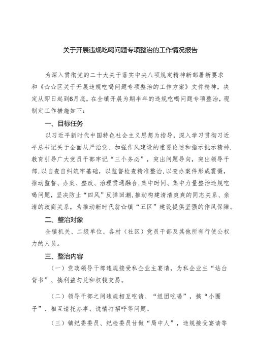 (六篇)关于开展违规吃喝问题专项整治的工作情况报告（精选）.docx