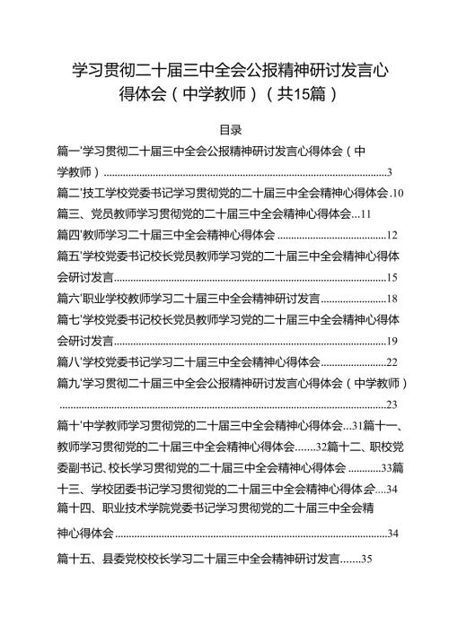 学习贯彻二十三中全会公报精神研讨发言心得体会（中学教师）范文15篇（详细版）.docx