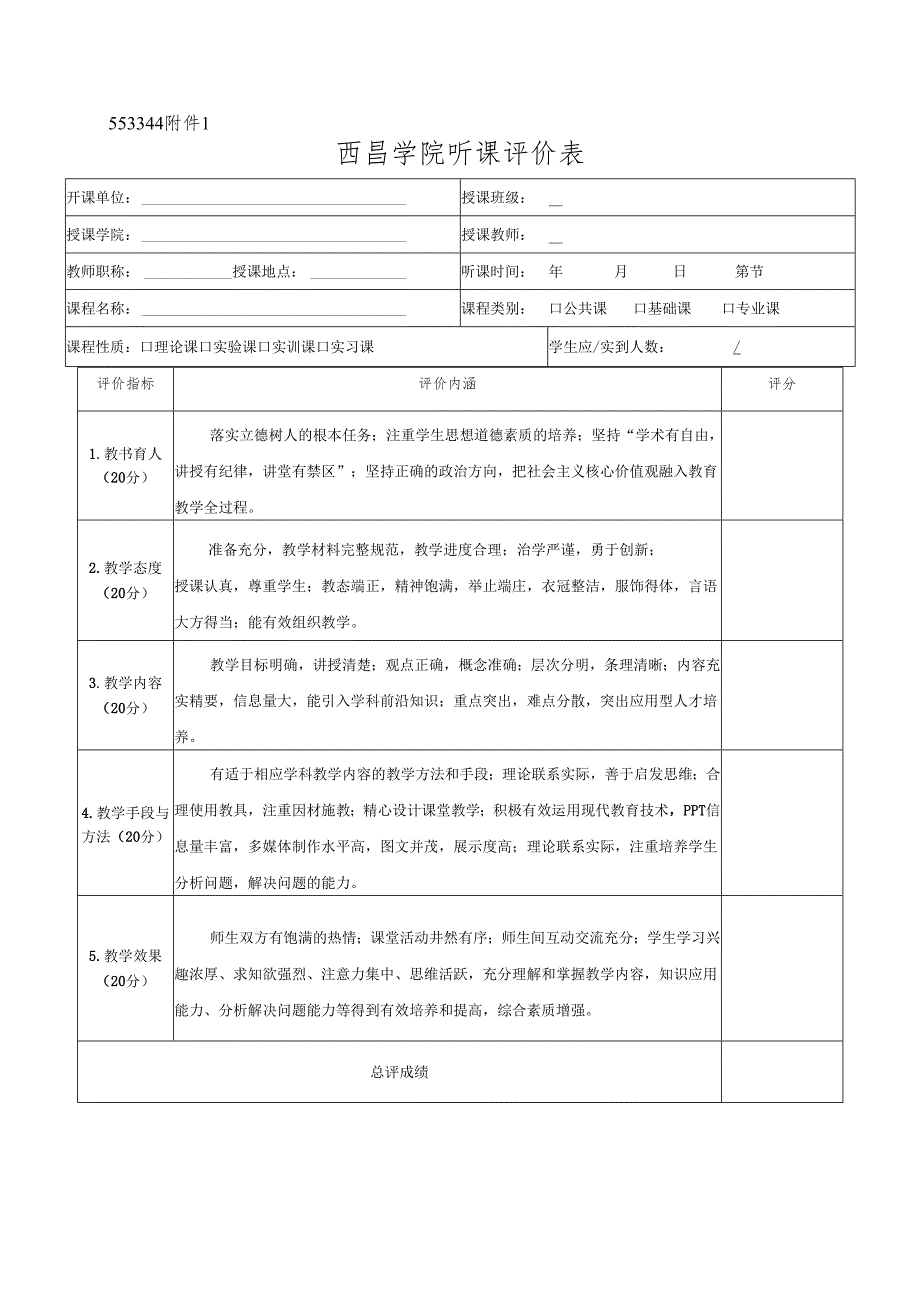 西昌学院听课评价表、反馈表、统计表.docx_第1页