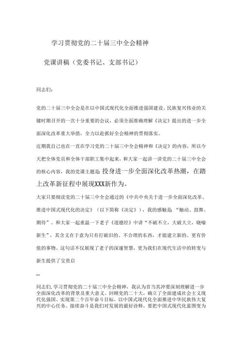学习贯彻党的二十三中全会精神党课讲稿党委书记支部书记.docx