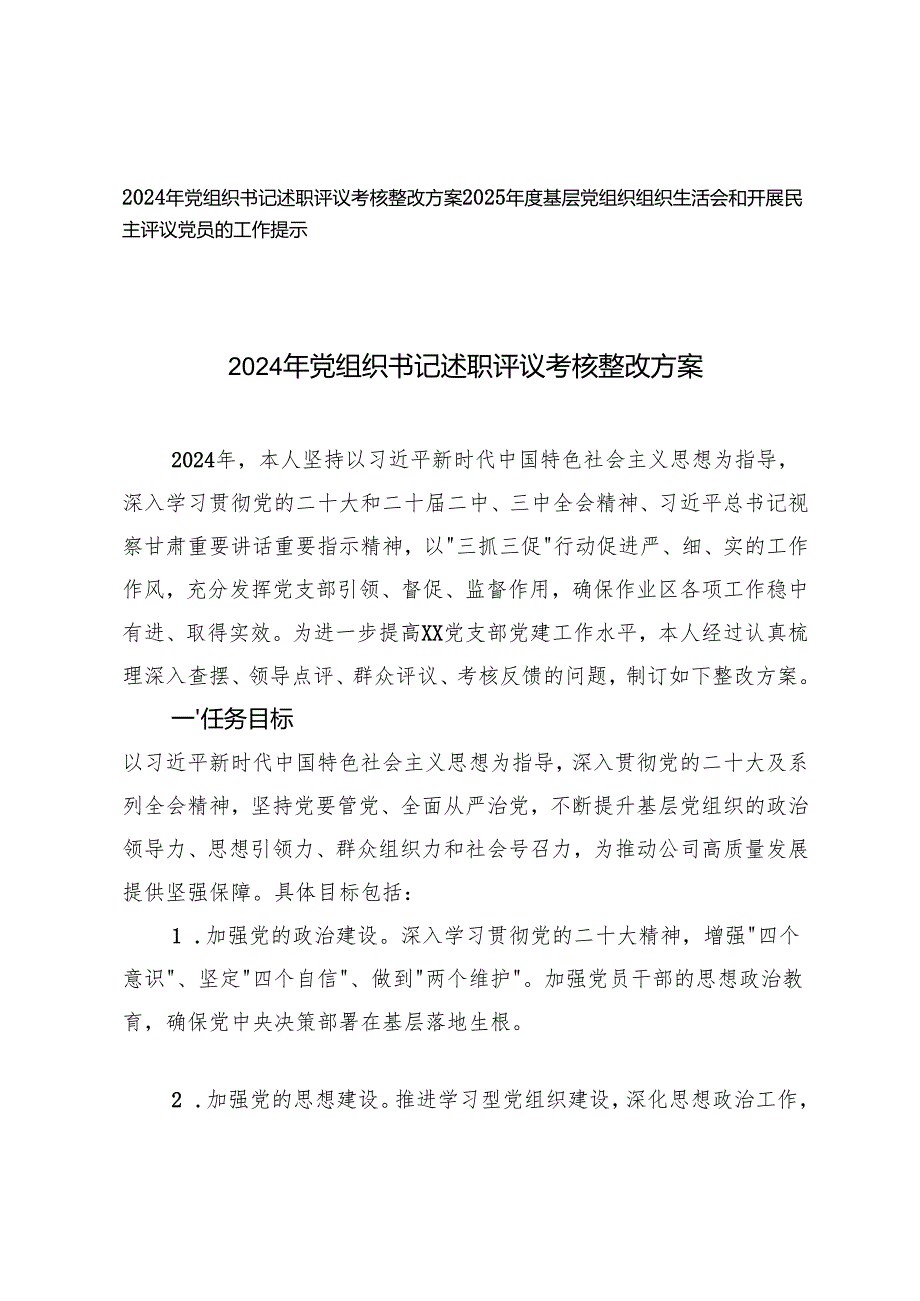 2025年党组织书记述职评议考核整改方案+2025年度基层党组织组织生活会和开展民主评议党员的工作提示.docx_第1页