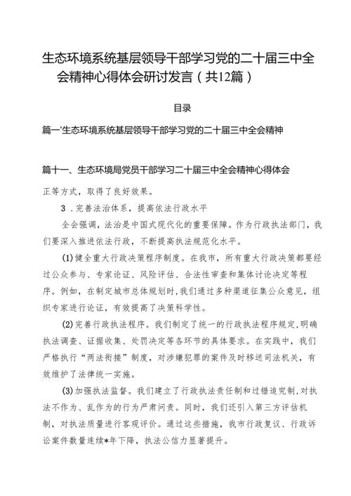生态环境系统基层领导干部学习党的二十三中全会精神心得体会研讨发言（共12篇）.docx