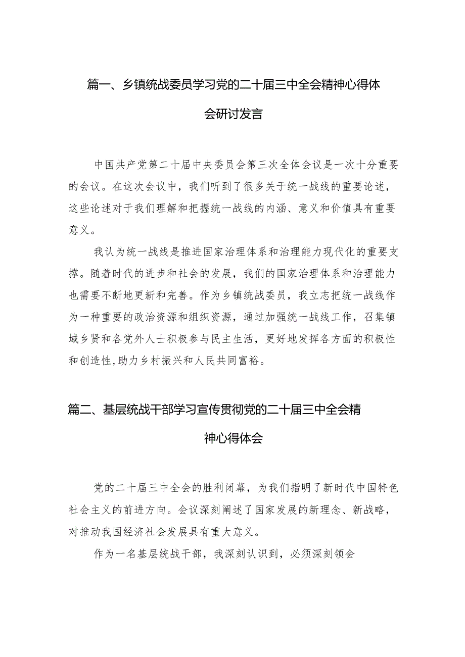 乡镇统战委员学习党的二十三中全会精神心得体会研讨发言7篇（精选版）.docx_第2页