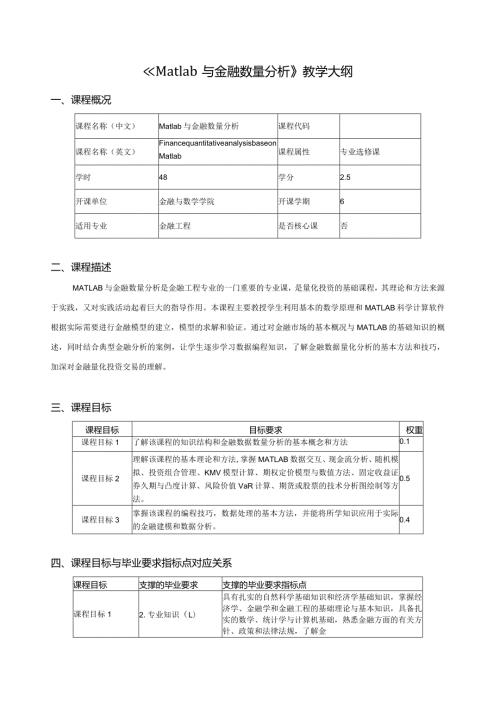 《Matlab与金融数量分析》教学大纲课程概况.docx