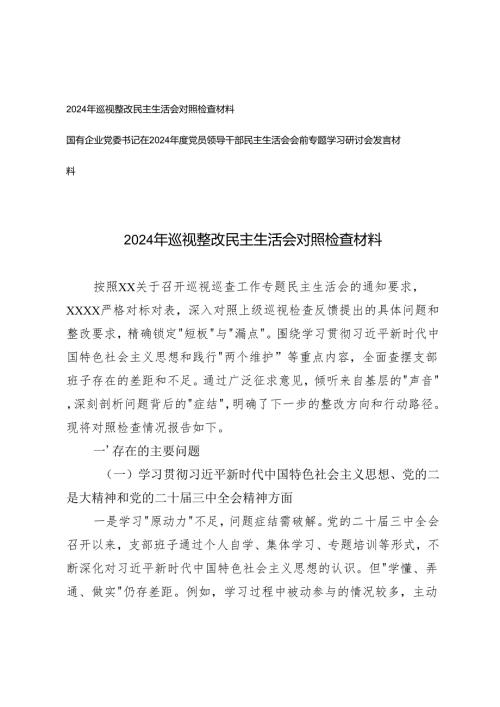 2024年巡视整改民主生活会对照检查材料+国有企业党委书记在2024年度党员领导干部民主生活会会前专题学习研讨会发言材料.docx