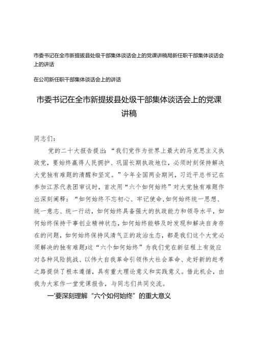 市委书记在全市新提拔县处级干部集体谈话会上的党课讲稿 新任职干部集体谈话会上的讲话.docx