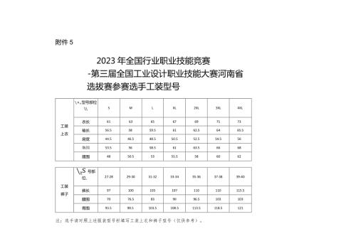2023年全国行业职业技能竞赛——第三全国工业设计职业技能大赛河南省选拔赛参赛选手工装型号.docx