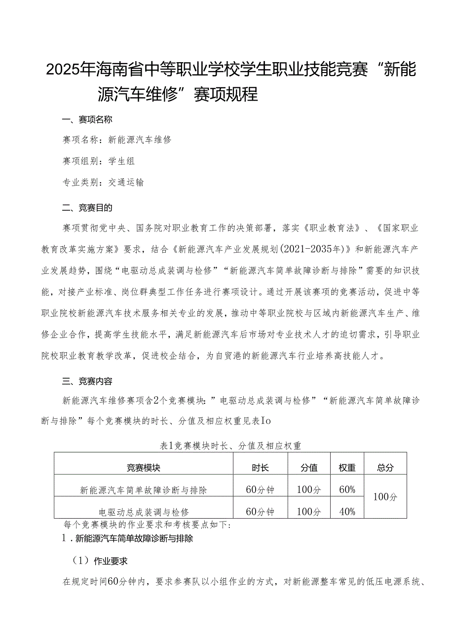 2025年海南省中等职业学校学生职业技能竞赛 新能源汽车维修 赛项规程）.docx_第1页