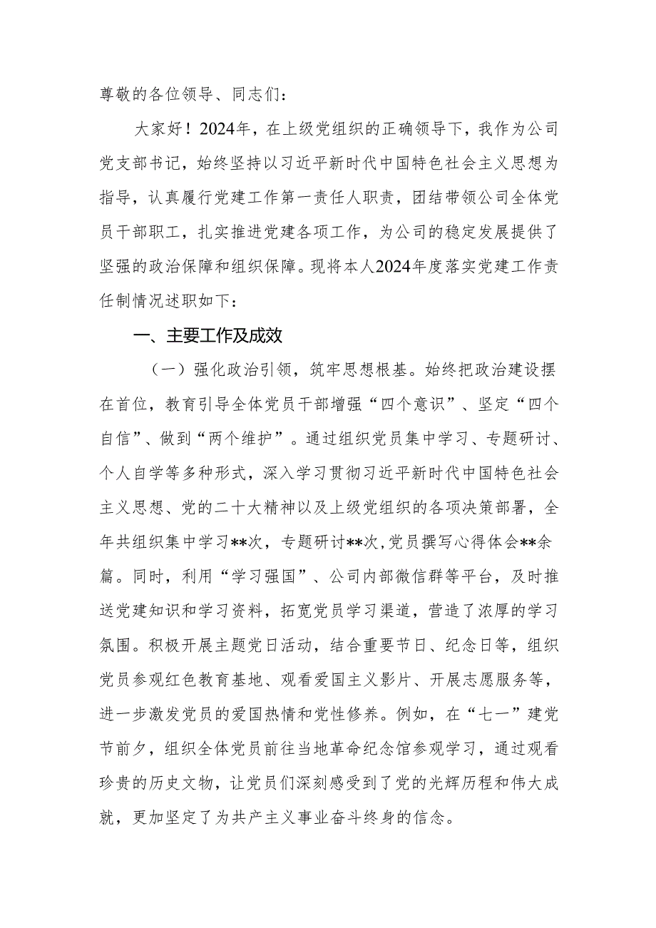 公司党支部书记2024落实党建工作责任制述职报告.docx_第2页