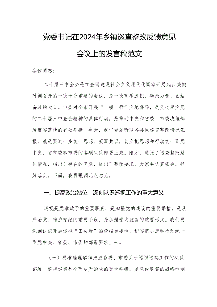党委书记在2024年乡镇巡查整改反馈意见会议上的发言稿范文.docx_第1页