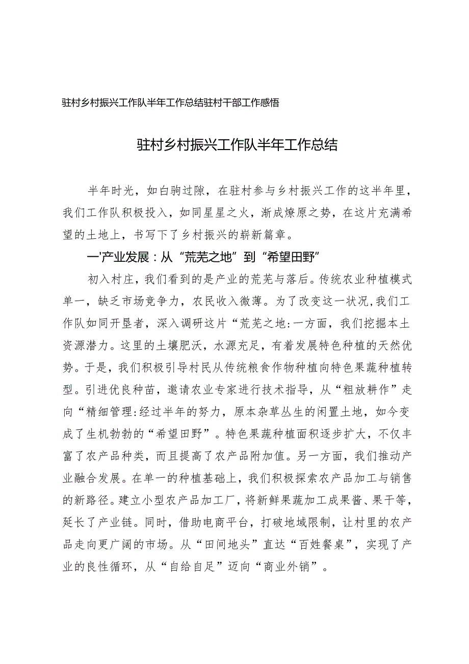 驻村乡村振兴工作队半年工作总结驻村干部工作感悟.docx_第1页