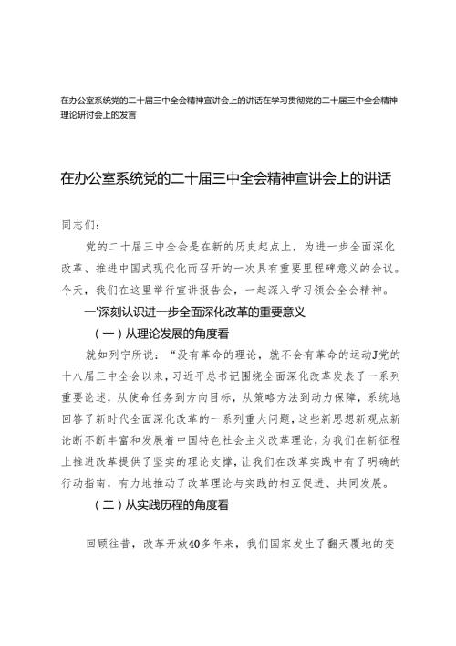 2024年在办公室系统党的二十三中全会精神宣讲会神理论研讨会上的发言.docx