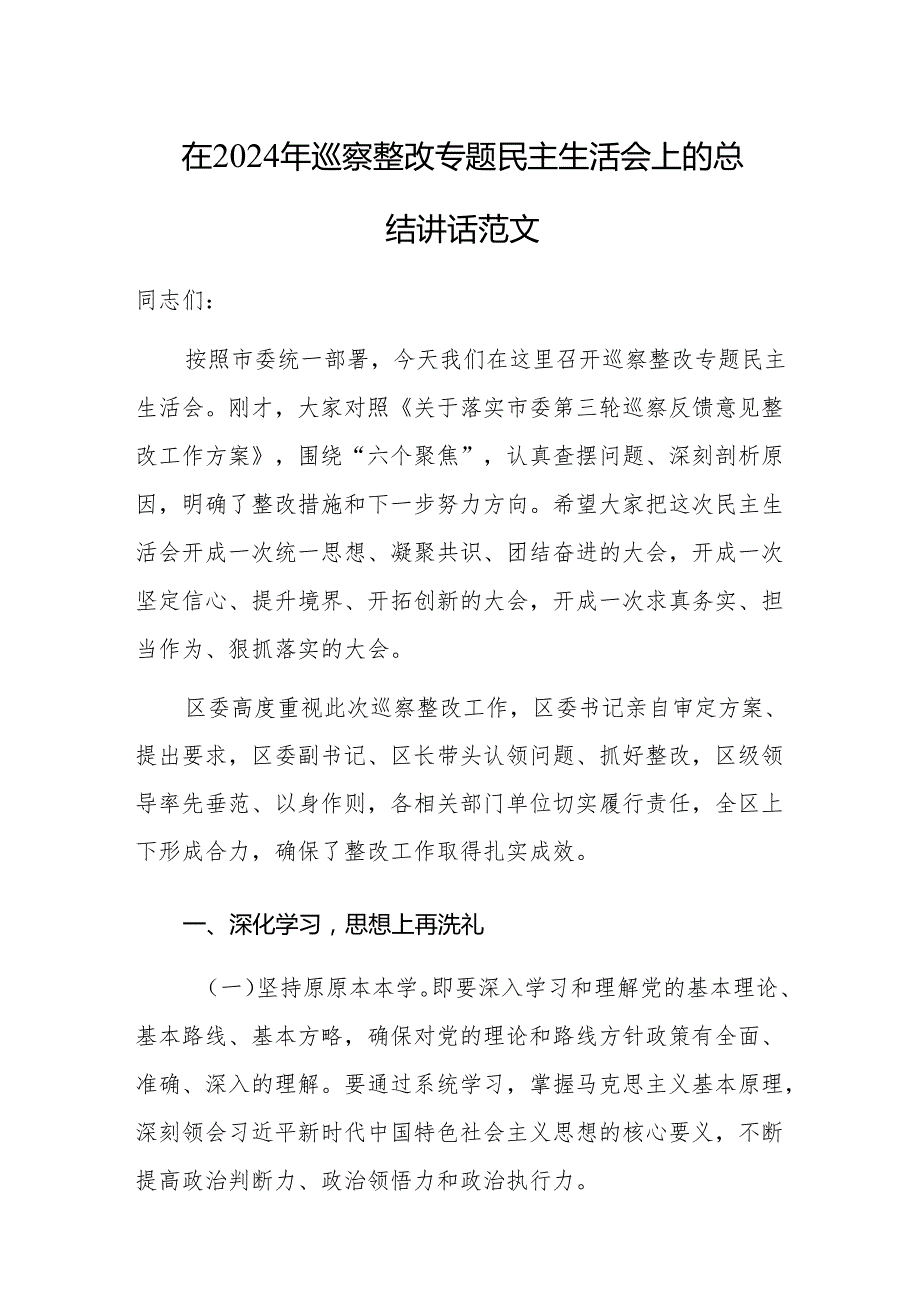 在2024年巡察整改专题民主生活会上的总结讲话范文.docx_第1页