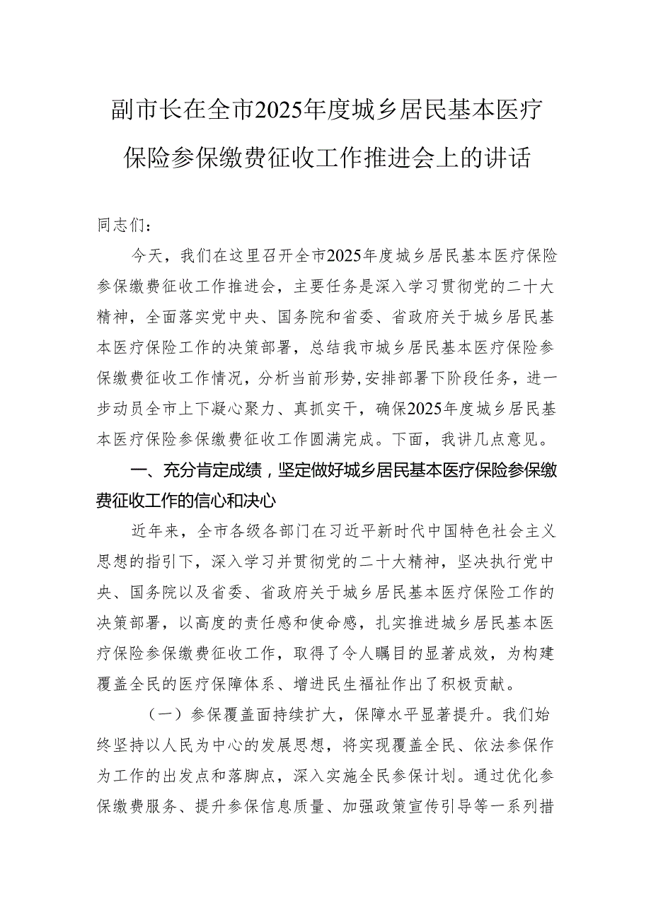 副市长在全市2025城乡居民基本医疗保险参保缴费征收工作推进会上的讲话.docx_第1页