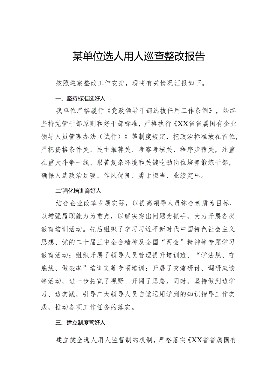 2024年某单位选人用人巡查整改报告.docx_第1页