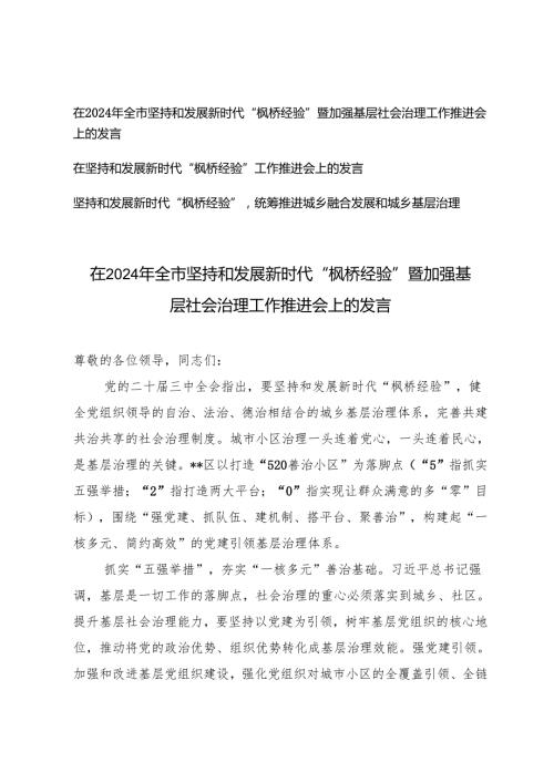 3篇 在2024年坚持和发展新时代“枫桥经验”暨加强基层社会治理工作推进会上的发言.docx