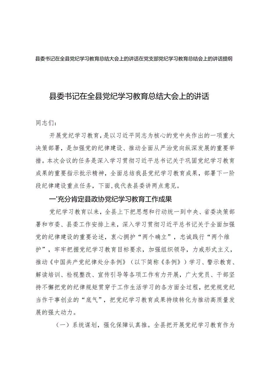 2024年在党支部党纪学习教育总结会上的讲话提纲.docx_第1页