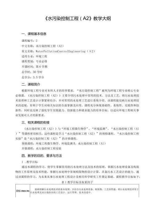 《水污染控制工程A2》教学大纲.docx