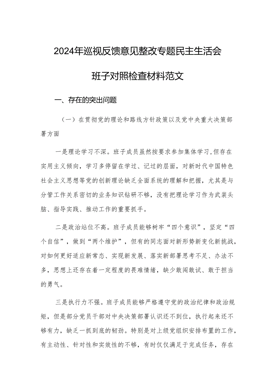 2024年巡视反馈意见整改专题民主生活会班子对照检查材料范文.docx_第1页