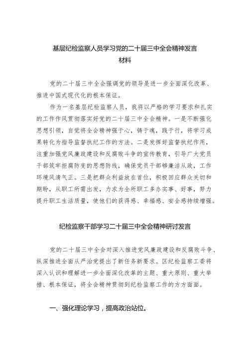 （9篇）基层纪检监察人员学习党的二十三中全会精神发言材料范文.docx