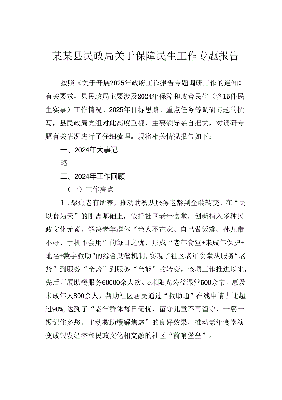 某某县民政局关于保障民生工作专题报告.docx_第1页