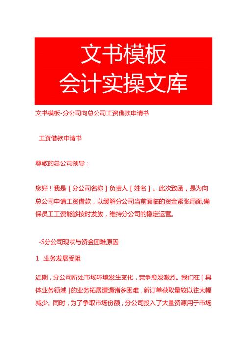 文书模板分公司向总公司工资借款申请书.docx
