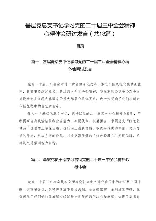 （13篇）基层党总支书记学习党的二十三中全会精神心得体会研讨发言（精选）.docx