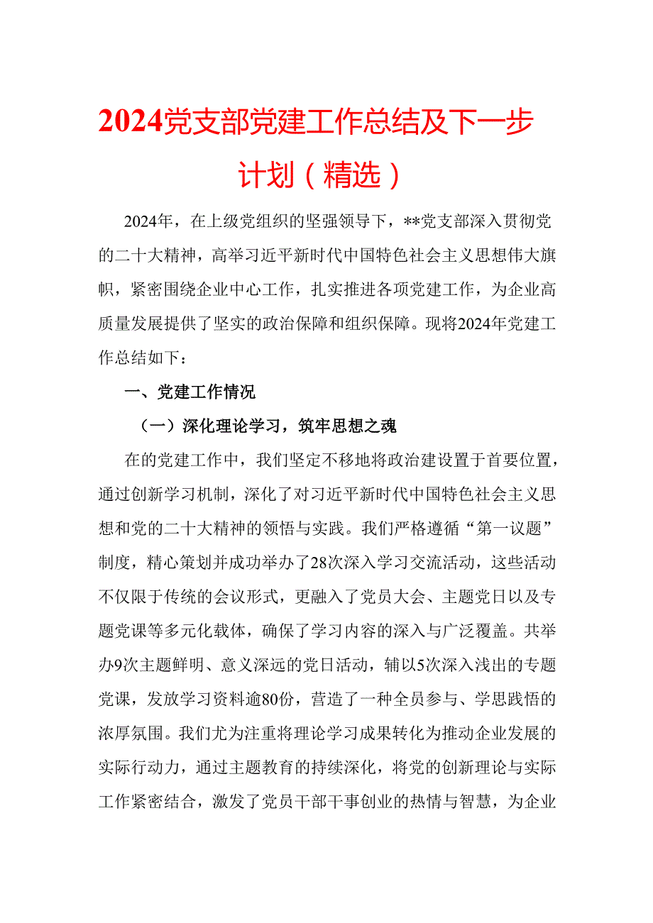 2024党支部党建工作总结及下一步计划（精选）(1).docx_第1页