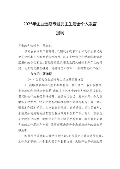 2025年企业巡察专题民主生活会个人检查发言提纲.docx