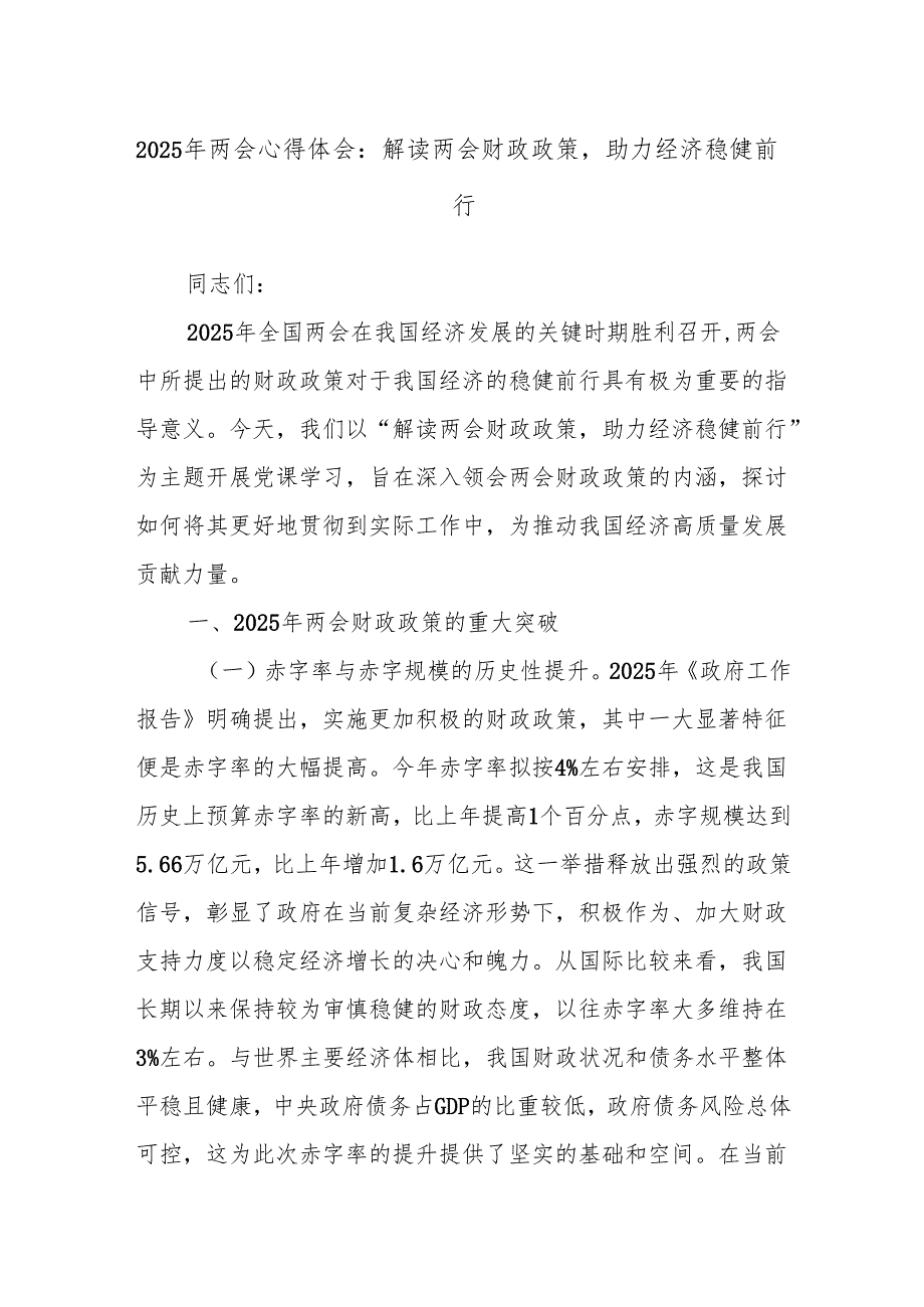 2025年两会心得体会：解读两会财政政策助力经济稳健前行.docx_第1页