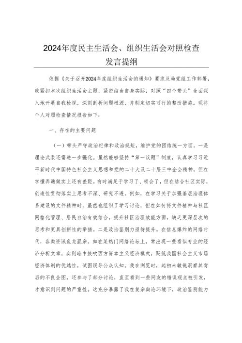2024年度民主生活会、组织生活会对照检查发言提纲.docx