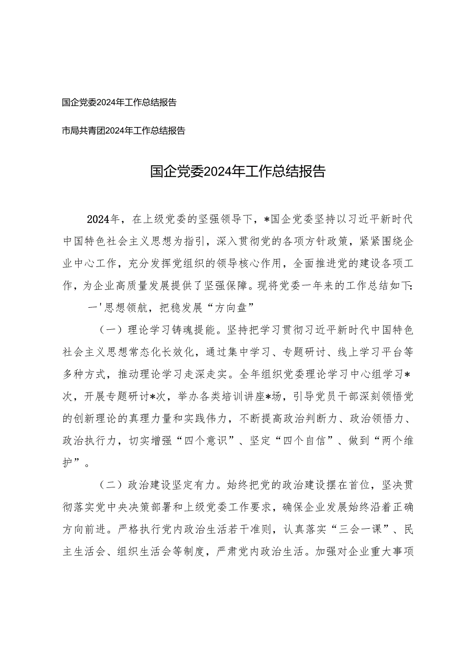 市局共青团、国企党委2024年工作总结报告.docx_第1页
