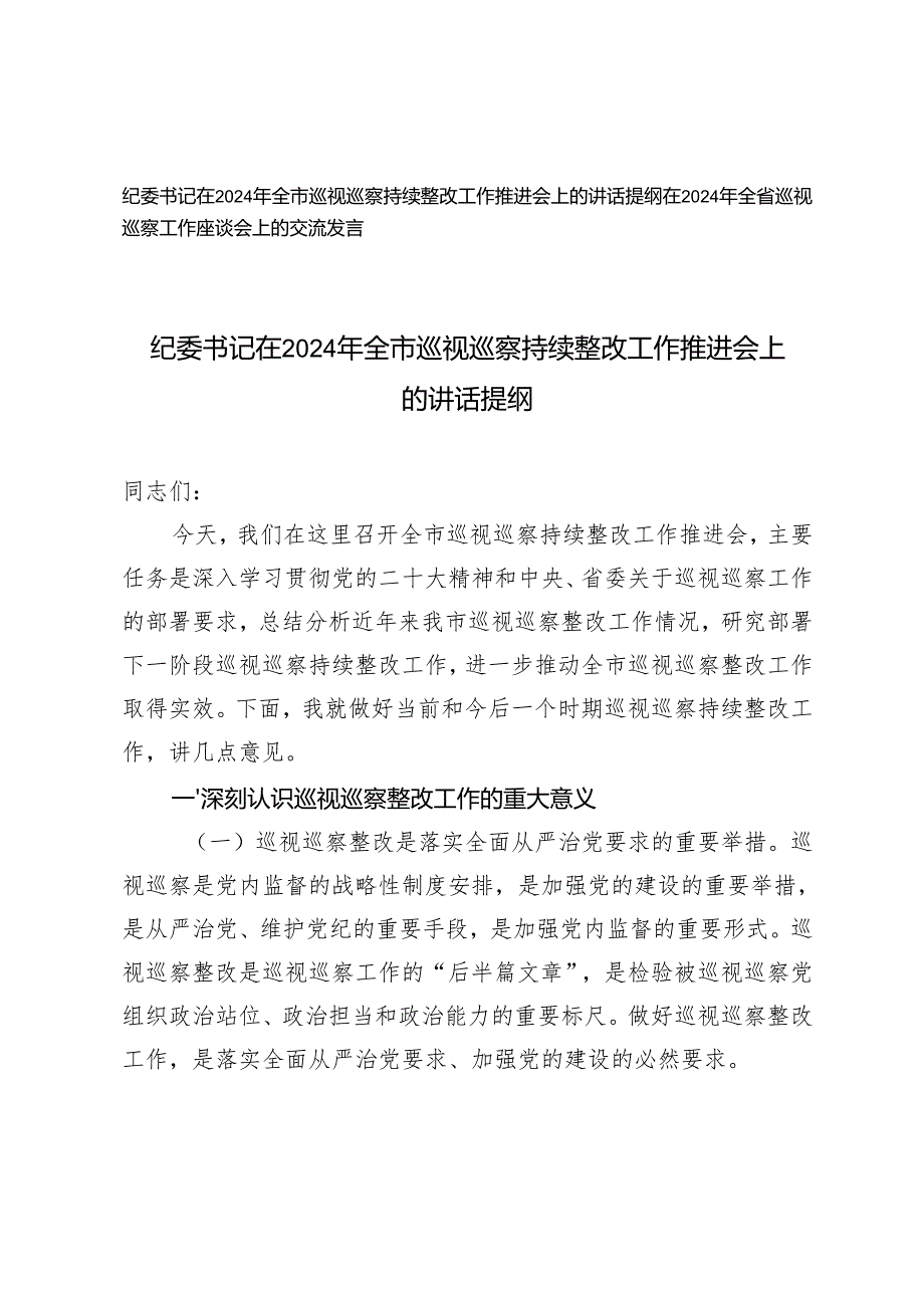 纪委书记在2024年全市巡视巡察持续整改工作推进会上的讲话提纲+全省巡视巡察工作座谈会上的交流发言.docx_第1页