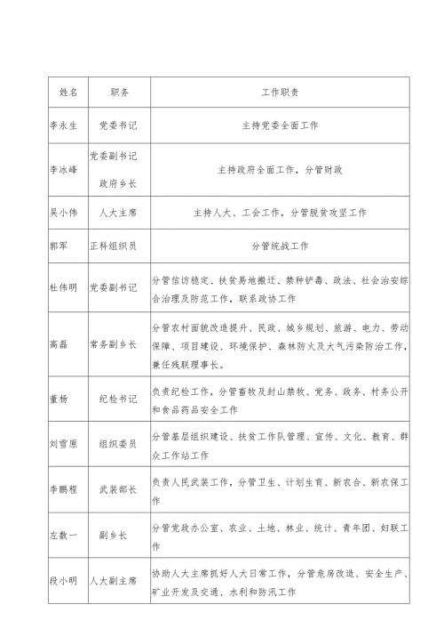 工作职责东团堡乡领导干部分工表.docx