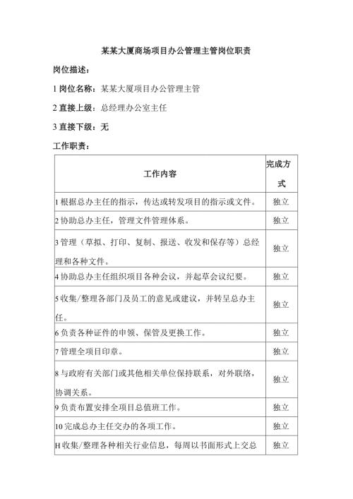 某某大厦商场项目办公管理主管岗位职责.docx
