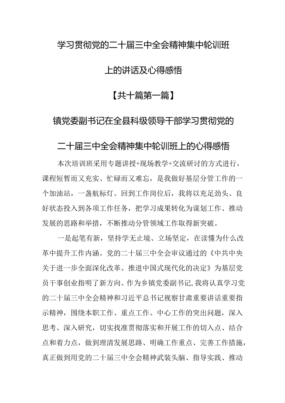（10篇）学习贯彻党的二十三中全会精神集中轮训班上的讲话及心得感悟.docx_第1页
