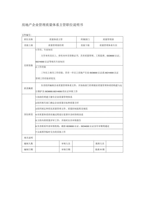 房地产企业管理质量体系主管职位说明书.docx