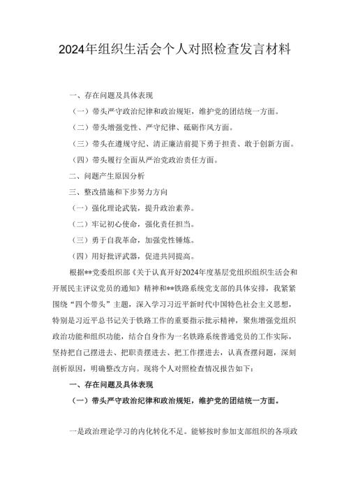 (2024年)组织生活会个人对照检查发言材料.docx