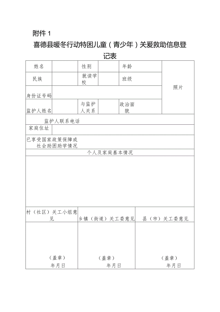 喜德县暖冬行动特困儿童（青少年）关爱救助信息登记表(2).docx_第1页