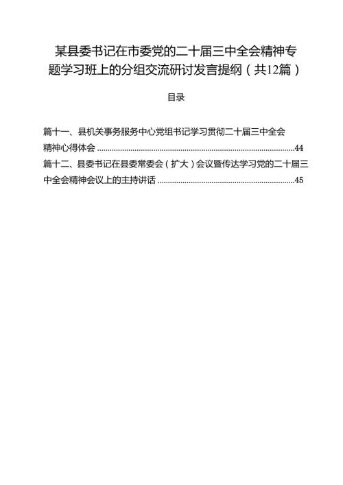某县委书记在市委党的二十三中全会精神专题学习班上的分组交流研讨发言提纲（共12篇）.docx