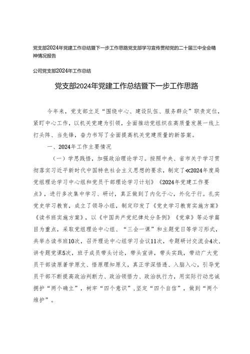 党支部2024年党建工作总结暨下一步工作思路、党支部学习宣传贯彻党的二十三中全会精神情况报告、党支部2024年工作总结.docx