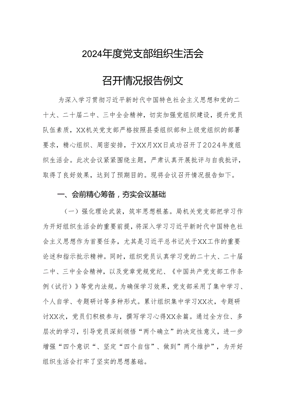 2024年度党支部组织生活会召开情况报告范文.docx_第1页
