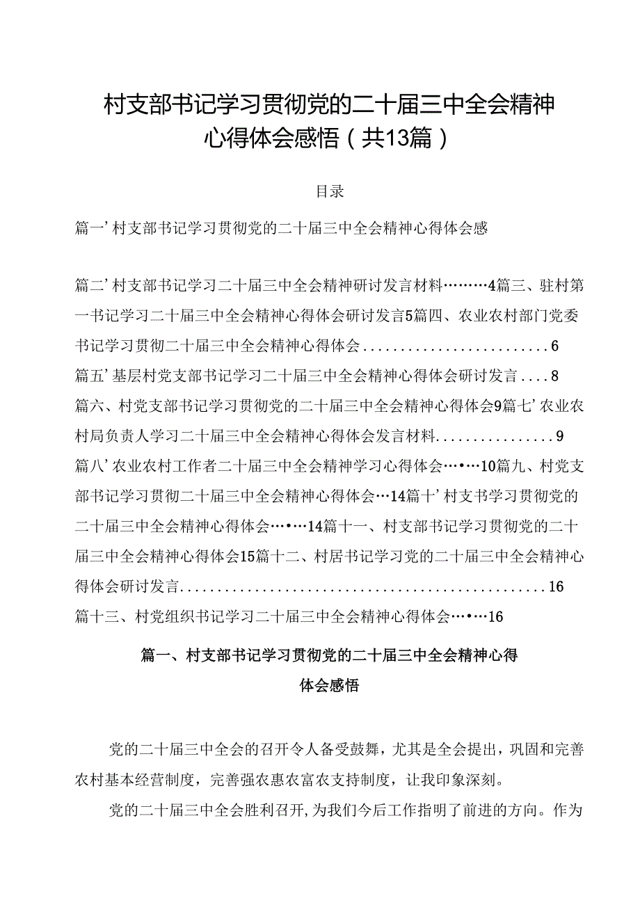 村支部书记学习贯彻党的二十三中全会精神心得体会感悟13篇（精选）.docx_第1页