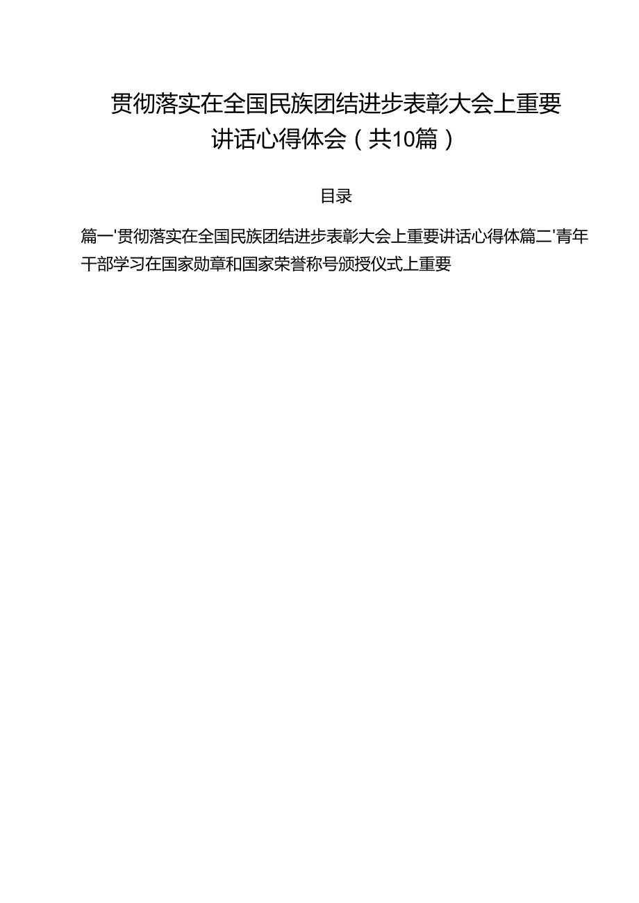 （10篇）贯彻落实在全国民族团结进步表彰大会上重要讲话心得体会（详细版）.docx_第1页