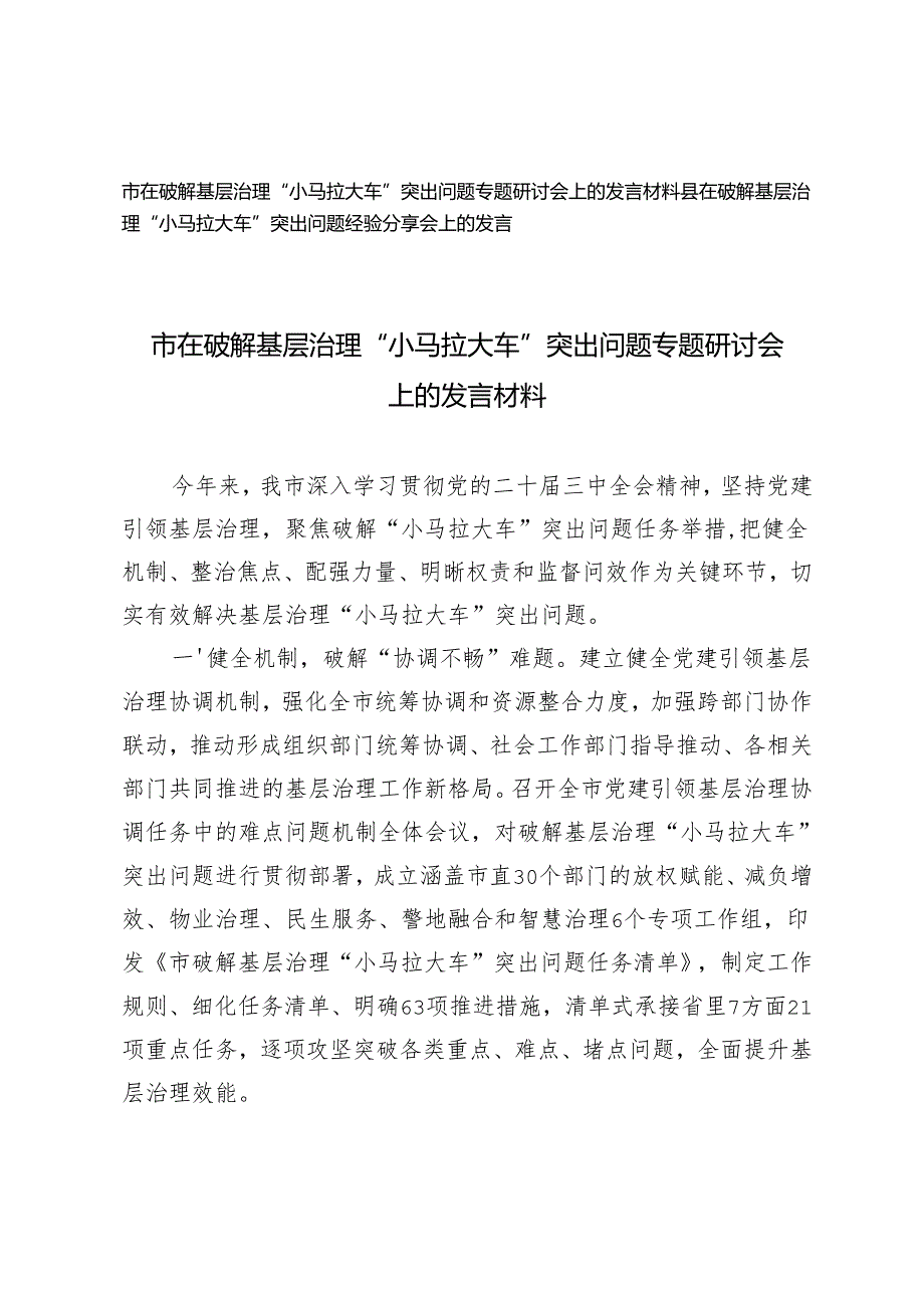 20242025市、县在破解基层治理“小马拉大车”突出问题经验分享会上的发言.docx_第1页