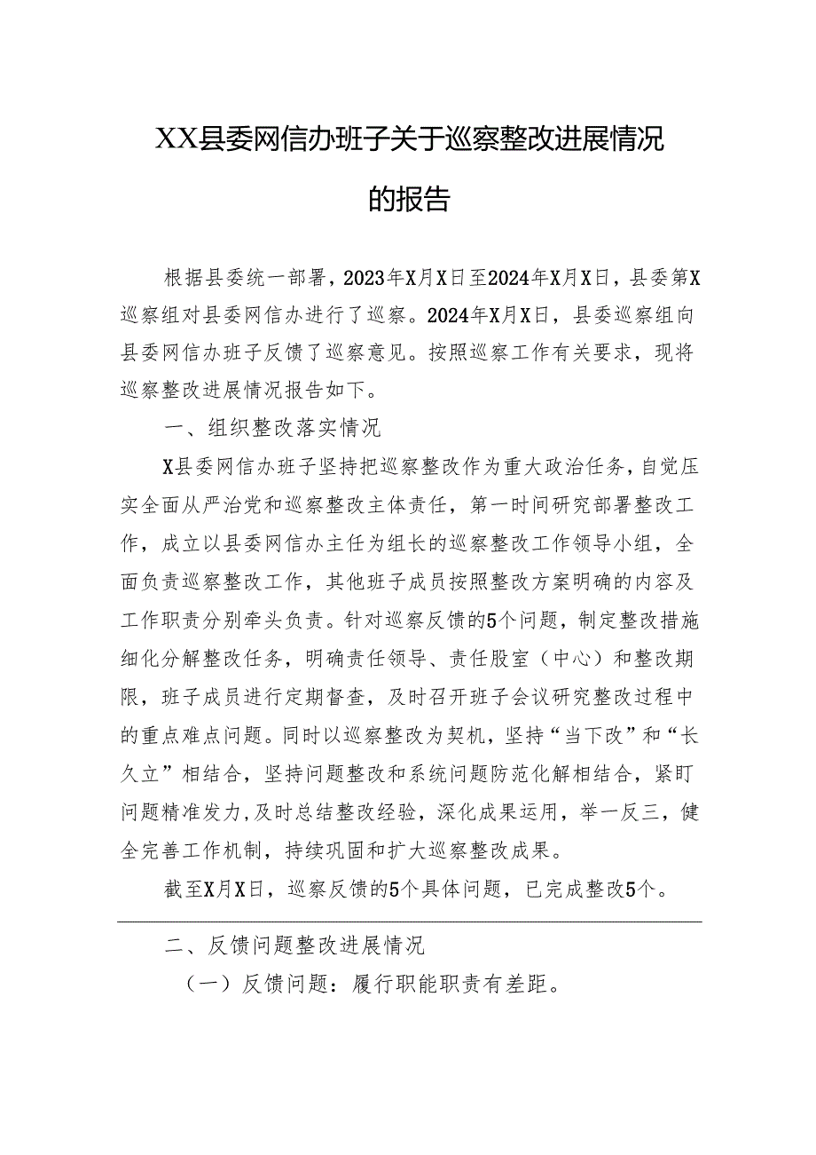 XX县委网信办班子关于巡察整改进展情况的报告.docx_第1页